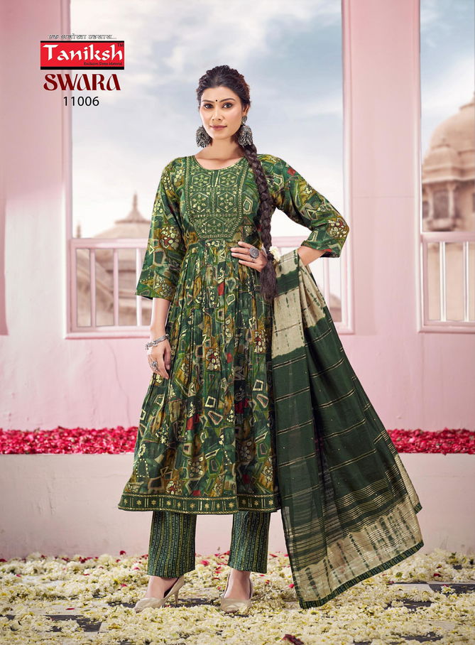 Swara Vol 11 By Taniksh Rayon Printed Embroidery Kurti With Bottom Dupatta Wholesale Price In Surat